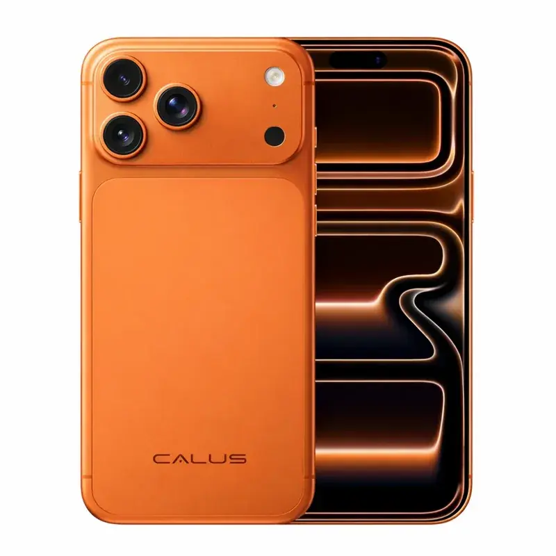 Calus 17 Pro Max in orange, front and back, styled after the iPhone 17 Pro Max