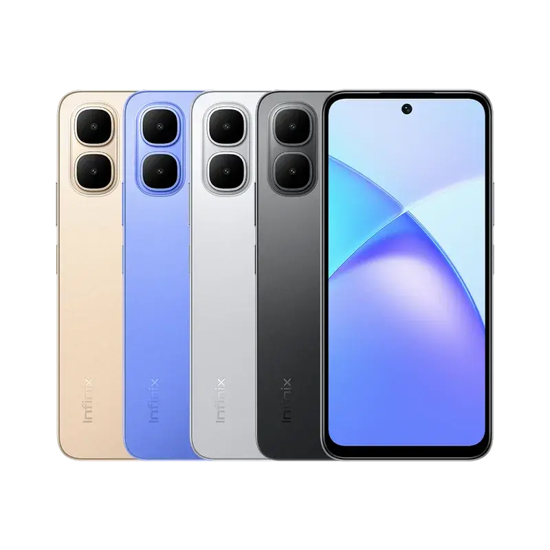 Infinix Smart 10 in four colours, showing the vertical pill-shaped camera layout borrowed from the iPhone 16