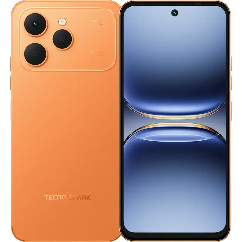 Tecno Spark 40 in orange, front and back, with an iPhone Pro style triple-ring camera plateau